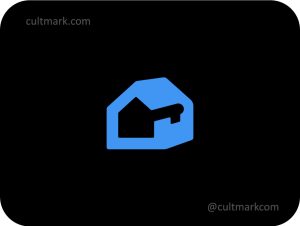 Cultmark House Key logo, blue vector symbol of a house with a key in negative space representing real estate and home security business identity.