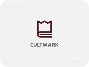 Cultmark Crown Book logo, maroon minimalist vector symbol combining a book silhouette and a crown representing authoritative knowledge for publishing or education business.