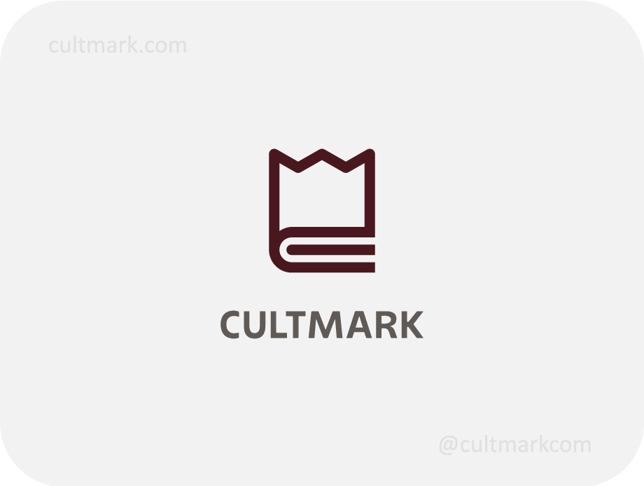 Cultmark Crown Book logo, maroon minimalist vector symbol combining a book silhouette and a crown representing authoritative knowledge for publishing or education business.