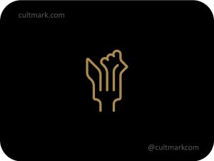 Cultmark Rooster Fork logo, golden minimalist vector symbol combining a rooster head and a fork representing culinary excellence and farm-to-table food business.