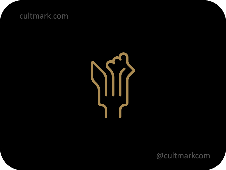 Cultmark Rooster Fork logo, golden minimalist vector symbol combining a rooster head and a fork representing culinary excellence and farm-to-table food business.