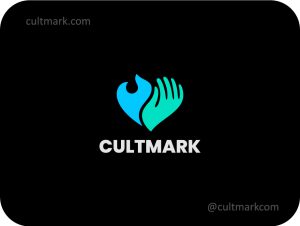 Cultmark Fire Hand Heart logo, cyan and emerald vector symbol combining a hand and flame into a heart shape representing passion and care for non-profit or energy business.