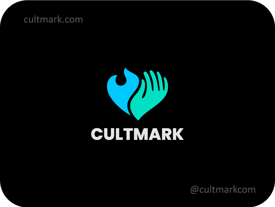 Cultmark Fire Hand Heart logo, cyan and emerald vector symbol combining a hand and flame into a heart shape representing passion and care for non-profit or energy business.
