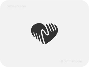 Cultmark minimalist black and white logo design combining a heart shape and two cupped hands, ideal for non-profits, healthcare, and community support organizations.