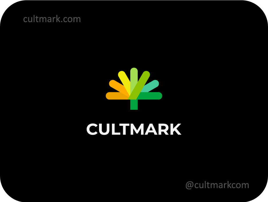 Cultmark Vibrant Tree Rays logo, colorful vector symbol of a tree made of radiant geometric lines representing growth and energy for creative or eco business.
