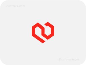 Cultmark Heart Home logo, red geometric vector symbol of a heart with negative space houses representing real estate and domestic comfort for agency or community business identity.