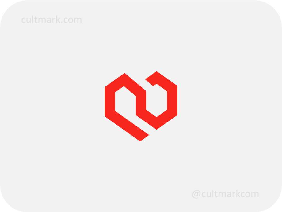 Cultmark Heart Home logo, red geometric vector symbol of a heart with negative space houses representing real estate and domestic comfort for agency or community business identity.