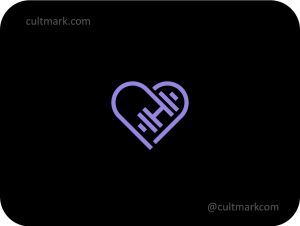Cultmark cardio fitness heart logo, purple dumbbell icon for health tracking apps and medical fitness branding.