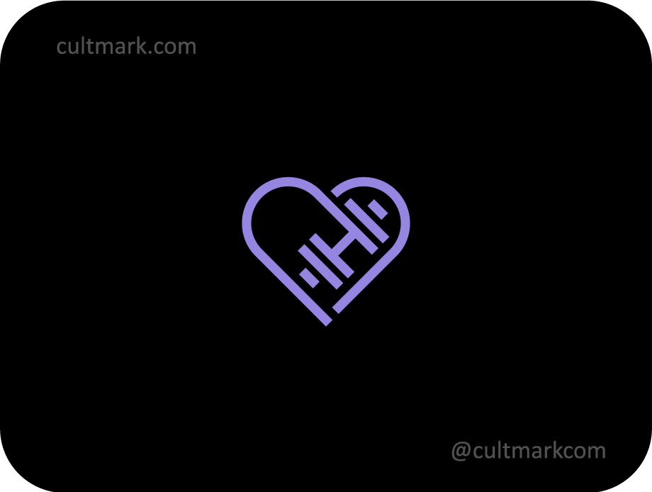 Cultmark cardio fitness heart logo, purple dumbbell icon for health tracking apps and medical fitness branding.