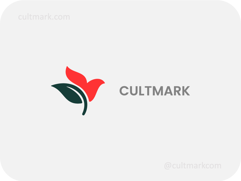 Cultmark Leaf Bird logo, green and red vector symbol combining a leaf shape with a bird silhouette representing natural freedom and eco-growth for wellness or environmental business.
