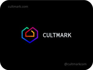 Cultmark Rainbow Heart House logo, colorful gradient vector symbol of a house inside a geometric heart representing inclusive living and community care for real estate or non-profit business.