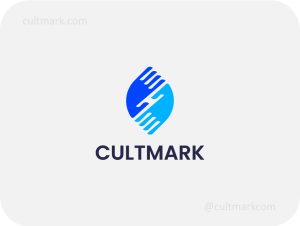 Cultmark Hands Leaf logo, blue gradient vector symbol of two hands forming a leaf shape representing unity and eco-conscious partnership for community or green business.