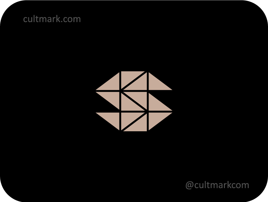 Cultmark Geometric S Letter logo, beige minimalist vector symbol made of triangles representing stability and precision for tech or construction business identity.