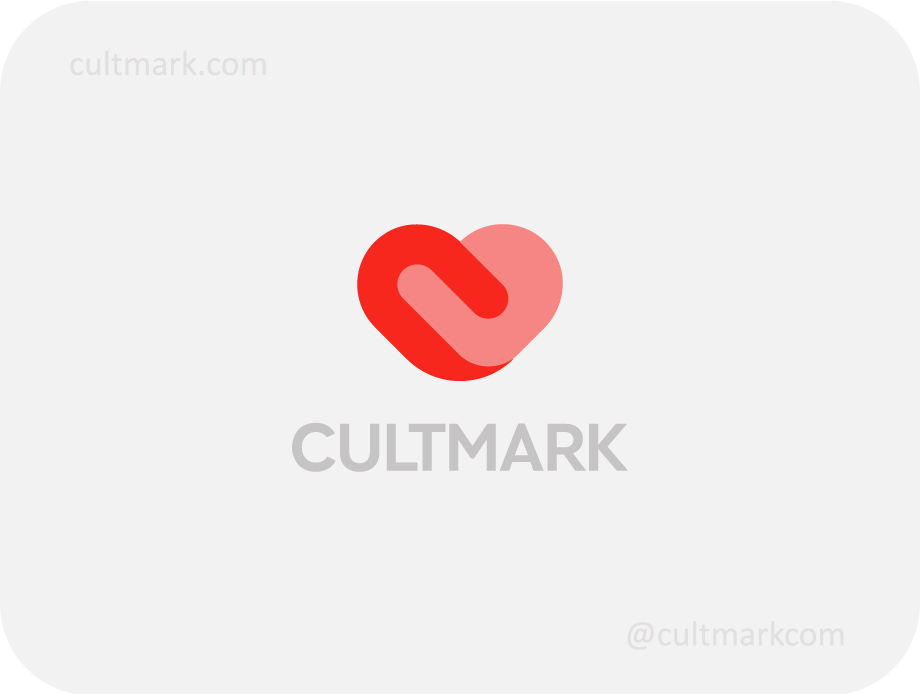 Cultmark Linked Heart logo, red and pink vector symbol of two interlocking shapes forming a heart representing connection and trust for wellness or non-profit business.