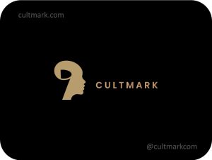 Cultmark Woman & Scroll logo, gold vector symbol of a female silhouette and a scroll representing wisdom and classical beauty for education or boutique business identity.