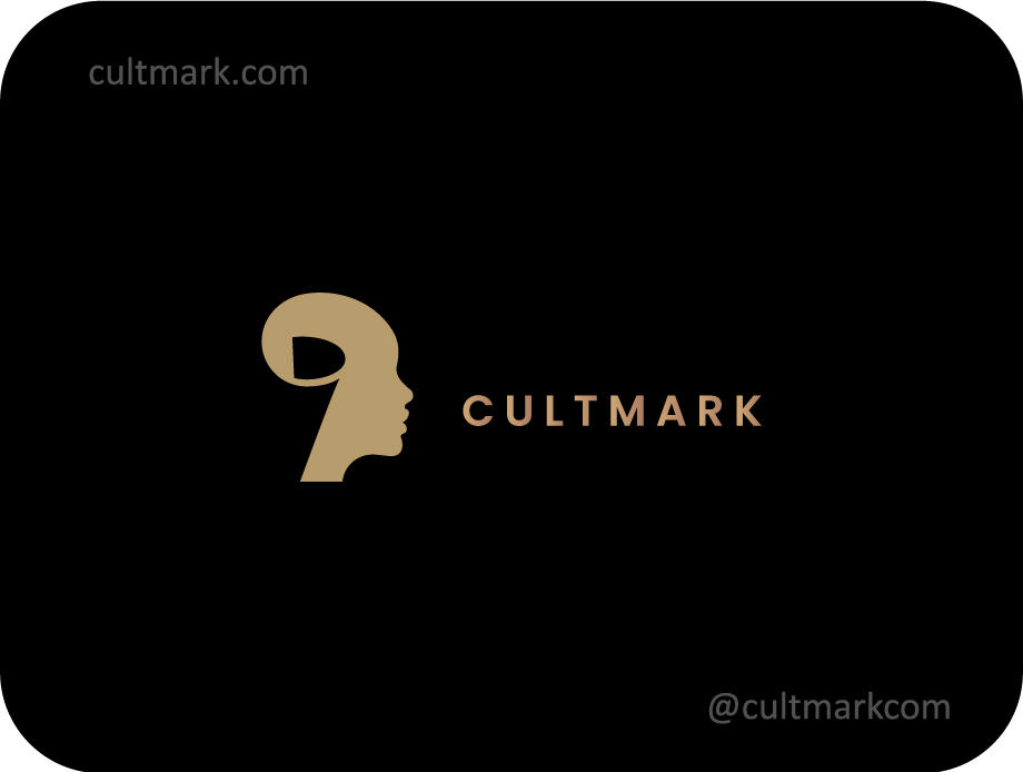Cultmark Woman & Scroll logo, gold vector symbol of a female silhouette and a scroll representing wisdom and classical beauty for education or boutique business identity.