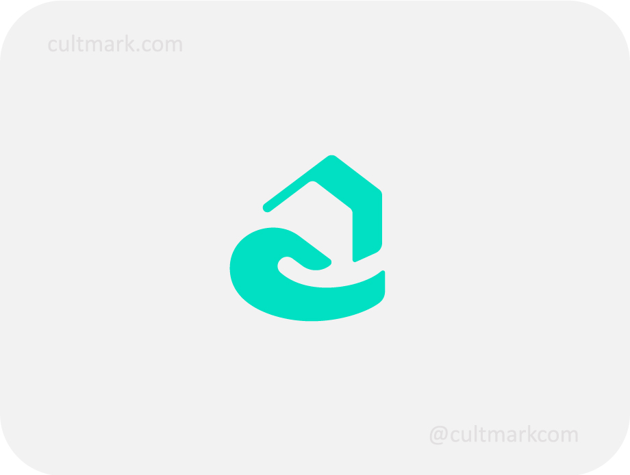 Cultmark Care Home Real Estate logo, turquoise vector symbol of a house silhouette supported by a hand representing security and professional care for property or insurance business.