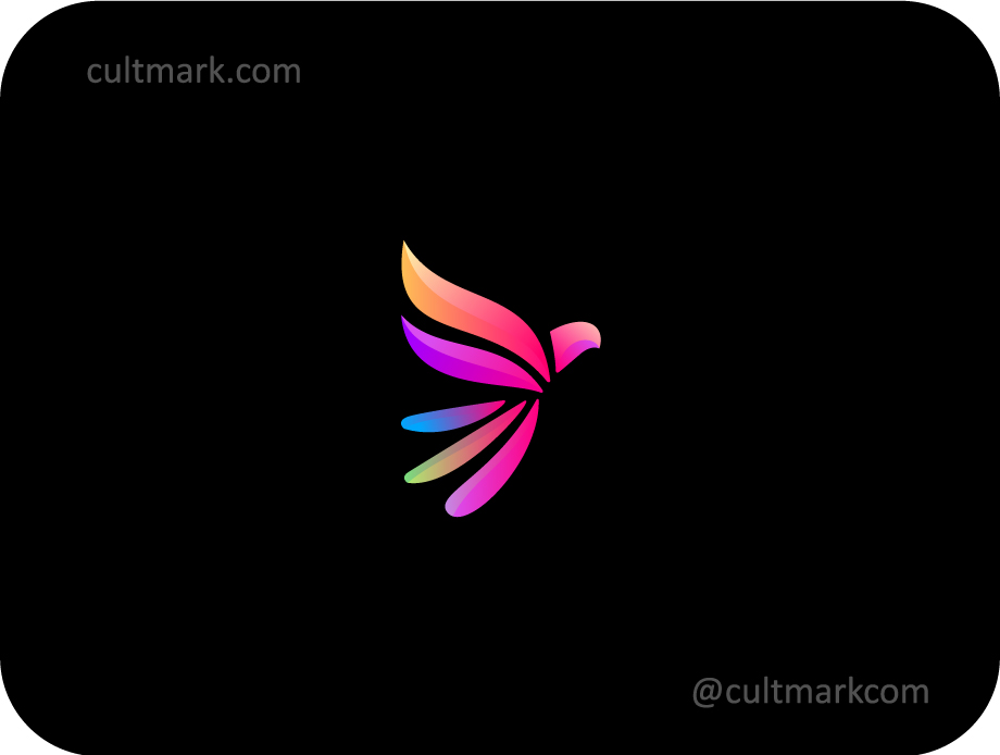 Cultmark Vibrant Flying Bird logo, colorful gradient vector symbol of a bird in flight representing dynamic freedom and creative growth for tech or media business.