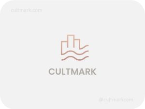 Cultmark Coastal Houses logo, earthy rose vector symbol of house silhouettes over waves representing waterfront living and harmony for real estate or travel business.