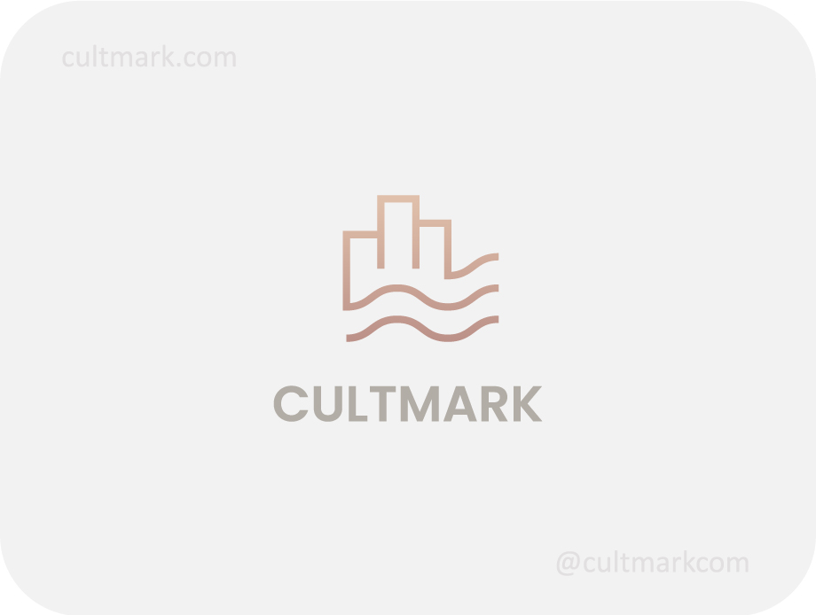 Cultmark Coastal Houses logo, earthy rose vector symbol of house silhouettes over waves representing waterfront living and harmony for real estate or travel business.