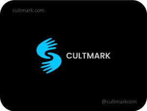 Cultmark Minimalist Hands S logo, cyan vector symbol of two interlocking hands forming an S shape representing community unity and support for healthcare or social business identity.