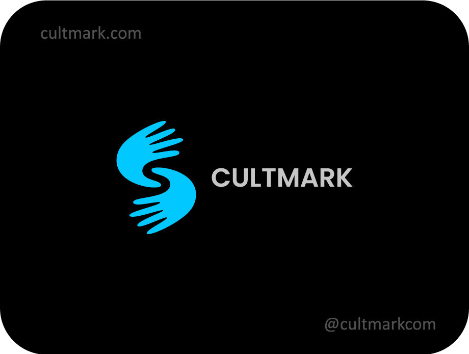 Cultmark Minimalist Hands S logo, cyan vector symbol of two interlocking hands forming an S shape representing community unity and support for healthcare or social business identity.