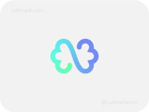 Cultmark Infinity Brain logo, cyan and purple gradient line vector symbol of an infinity brain representing cognitive potential and AI innovation for tech or education business.