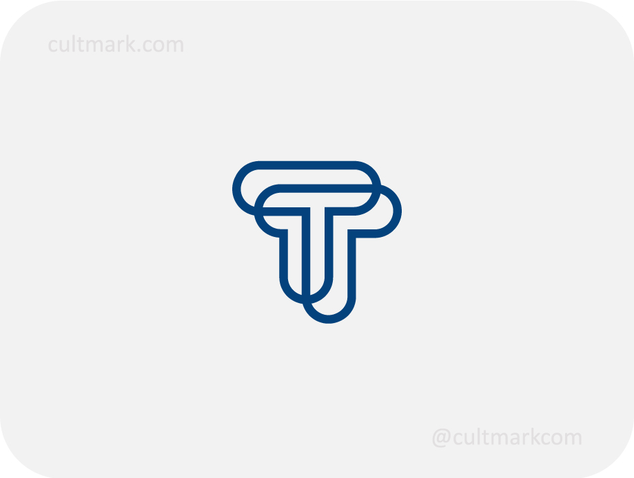 Cultmark Interlocking T Letters logo, dark blue line-art vector monogram representing strategic partnership and technical precision for consulting or tech business.