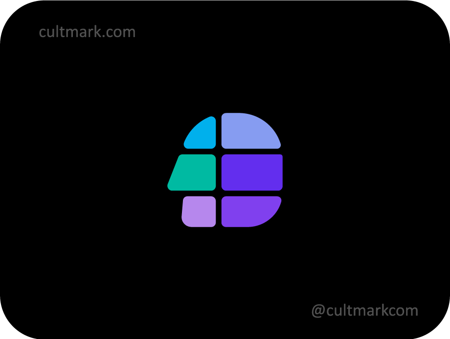 Cultmark Mosaic Head logo, colorful geometric vector symbol of a head silhouette representing multifaceted intelligence and data organization for tech or AI business identity.