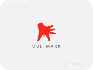Cultmark Smart Shopping Hand logo, vibrant red vector symbol of a hand forming a shopping bag representing fast transactions and e-commerce convenience for online retail or delivery business identity.