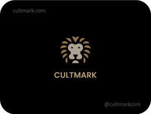 Cultmark Friendly Lion logo, cute geometric vector symbol of a smiling lion head representing kindness and courage for kids' brands or education business identity.