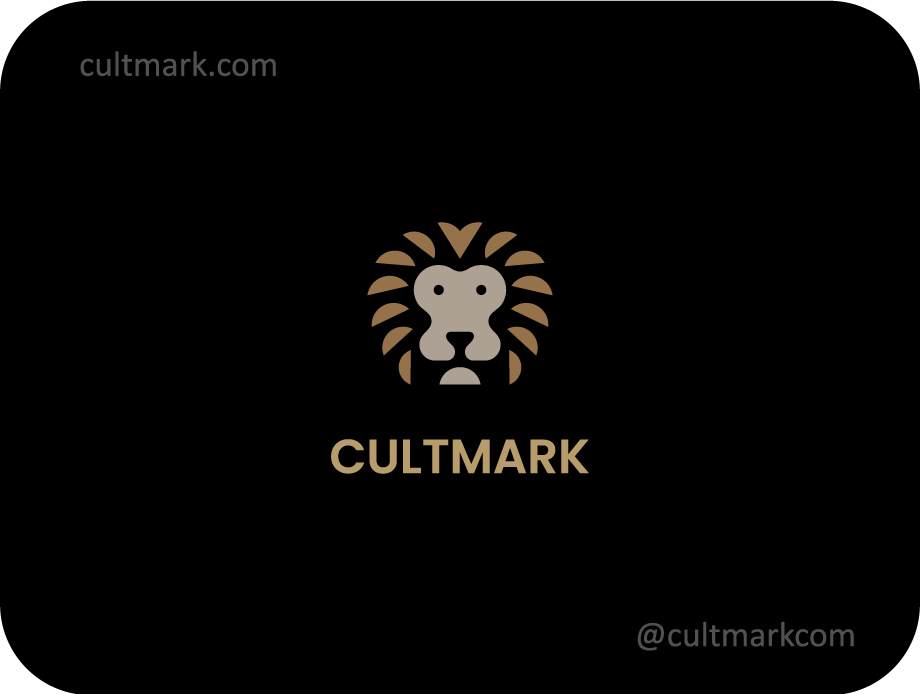 Cultmark Friendly Lion logo, cute geometric vector symbol of a smiling lion head representing kindness and courage for kids' brands or education business identity.