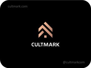 Cultmark Geometric House logo, rose gold vector symbol of a house silhouette made of diagonal lines representing architectural precision for luxury real estate or construction business identity.
