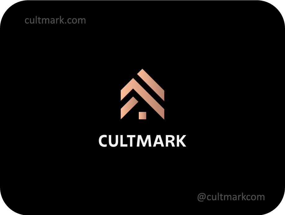 Cultmark Geometric House logo, rose gold vector symbol of a house silhouette made of diagonal lines representing architectural precision for luxury real estate or construction business identity.
