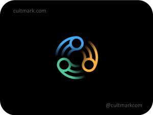 Cultmark minimalist atomic vortex logo design, white, blue, orange, and green orbital flow on black background for tech or science startup.