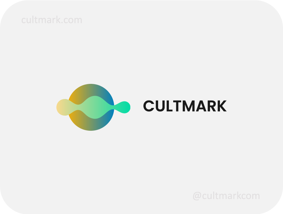 Cultmark Fluid Flow Sphere logo, vibrant gradient vector symbol of a sphere with fluid waves representing data flow and ecological harmony for biotech or energy business identity.