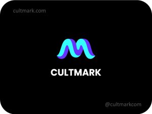 Cultmark Fluid M Letter logo, cyan and purple gradient vector monogram of a stylized M representing motion and digital flexibility for media or tech business identity.