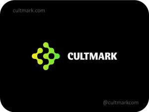 Cultmark Abstract Tech logo, lime green gradient vector symbol of interconnected nodes representing data science and neural networks for tech or biotech business identity.