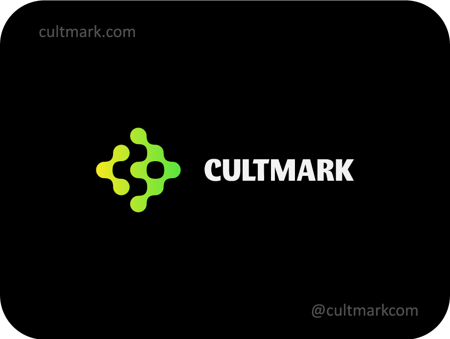 Cultmark Abstract Tech logo, lime green gradient vector symbol of interconnected nodes representing data science and neural networks for tech or biotech business identity.
