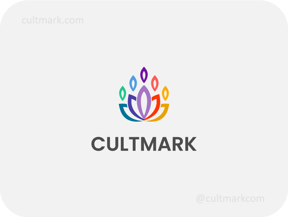 Cultmark Vibrant Unity Flower logo, colorful vector symbol of people silhouettes forming a flower shape, representing community, family, and diversity for social or non-profit business identity.