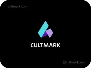 Cultmark Abstract A Letter logo, cyan and purple geometric vector monogram of a stylized letter A representing precision and innovation for tech or architecture business.