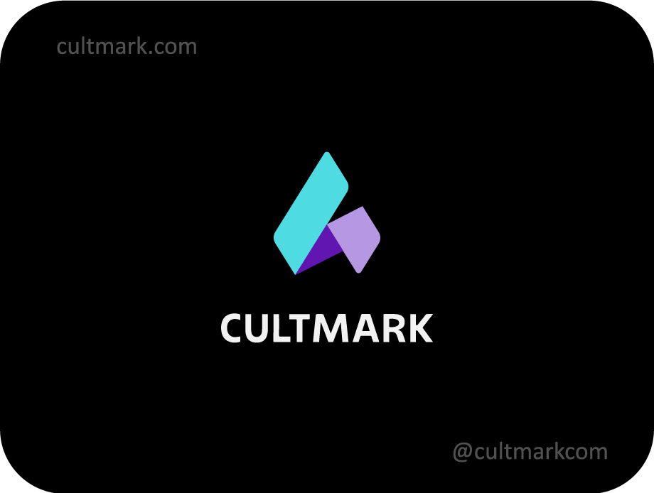 Cultmark Abstract A Letter logo, cyan and purple geometric vector monogram of a stylized letter A representing precision and innovation for tech or architecture business.