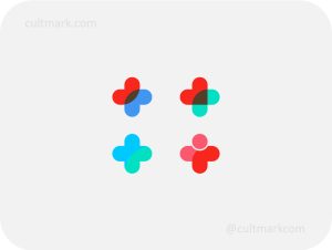 Cultmark Geometric Medical Cross set, collection of four colorful vector symbols representing comprehensive healthcare and telemedicine for clinic or pharmacy business identity.
