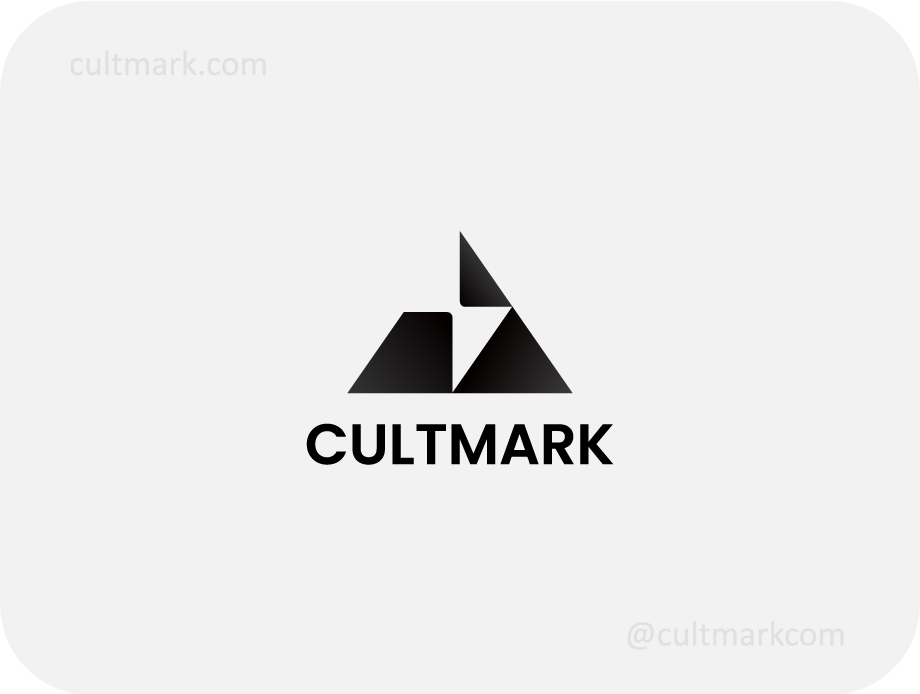 Cultmark Lightning Mountain logo, minimalist black vector symbol of a mountain peak with a lightning bolt representing strength and energy for sports or outdoor business identity.
