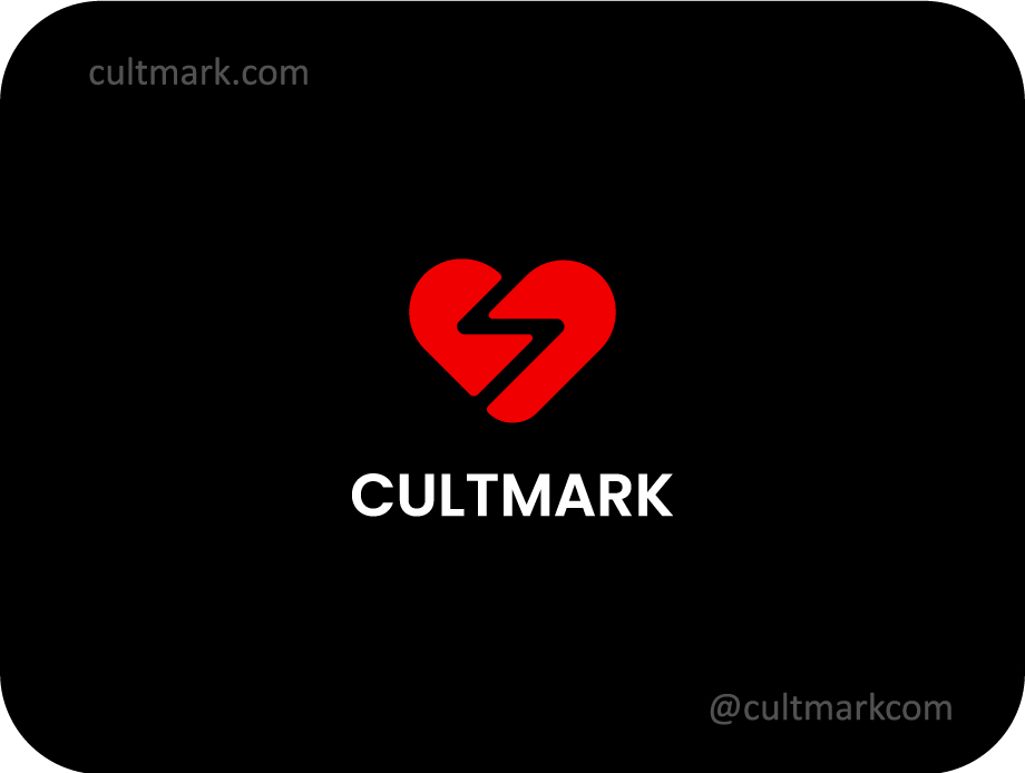 Cultmark Lightning Heart logo, bold red vector symbol of a heart with a lightning bolt, representing vital energy and cardiac health technology for medical or sports business identity.