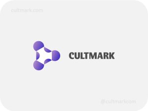Cultmark Abstract Tech Triangle logo, purple gradient vector symbol of connected spheres representing atomic bonds and data nodes for science or biotech business identity.