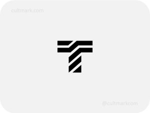 Cultmark Abstract T Letter logo, bold black geometric monogram with diagonal stripes representing structural integrity and engineering for construction or tech business identity.