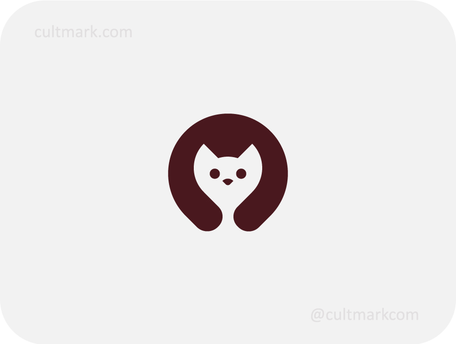 Cultmark Minimalist Cat logo, dark brown vector symbol using negative space to form a cat head within a circle, representing companionship and pet care for veterinary or pet shop business identity.