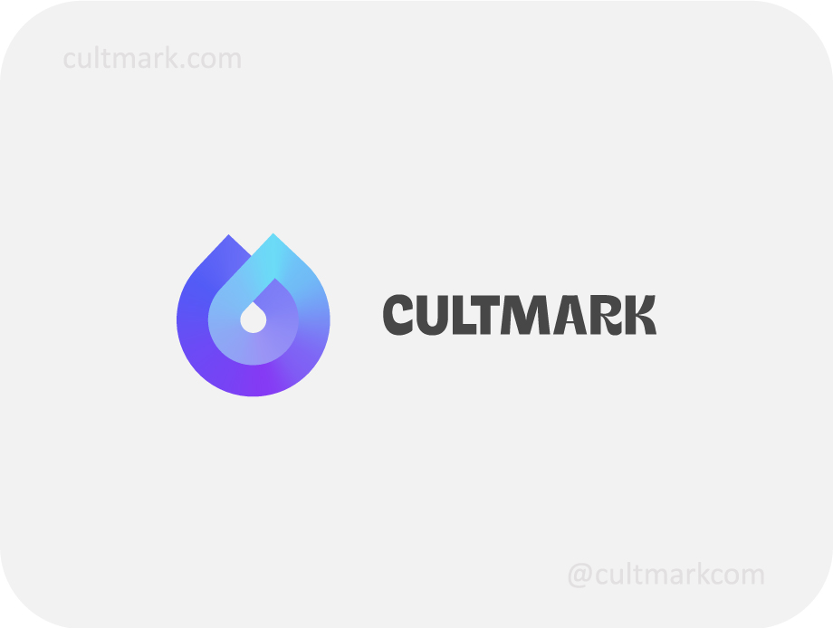 Cultmark Eco Water Drop logo, vibrant blue and purple vector symbol of a stylized fluid drop representing environmental purity and sustainability for eco-tech or wellness business identity.
