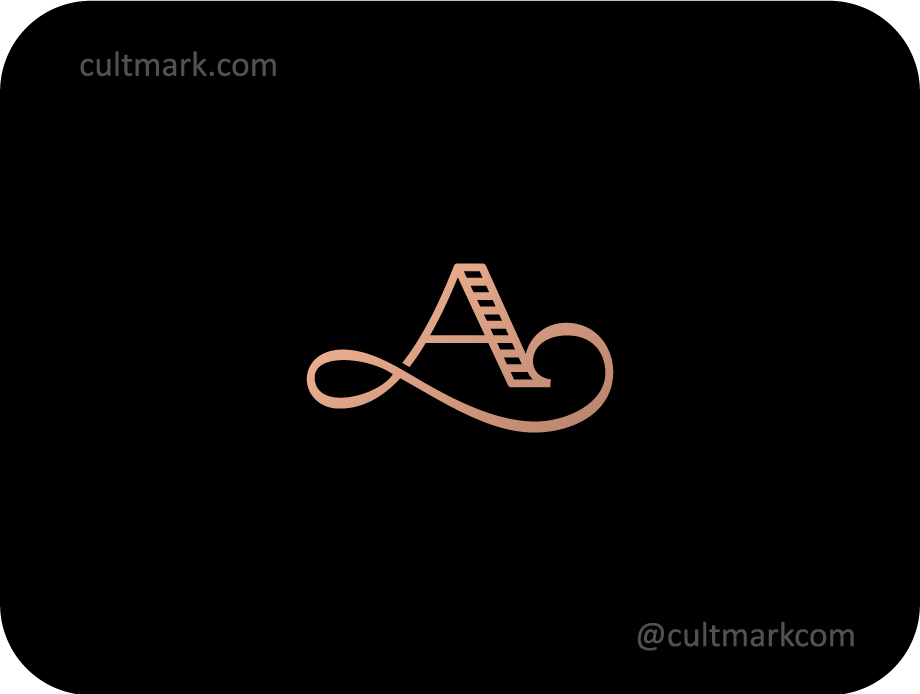 Cultmark Luxury Letter A logo, elegant rose-gold vector monogram with calligraphic flourishes and ladder detail representing professional growth and excellence for legal or consulting business identity.